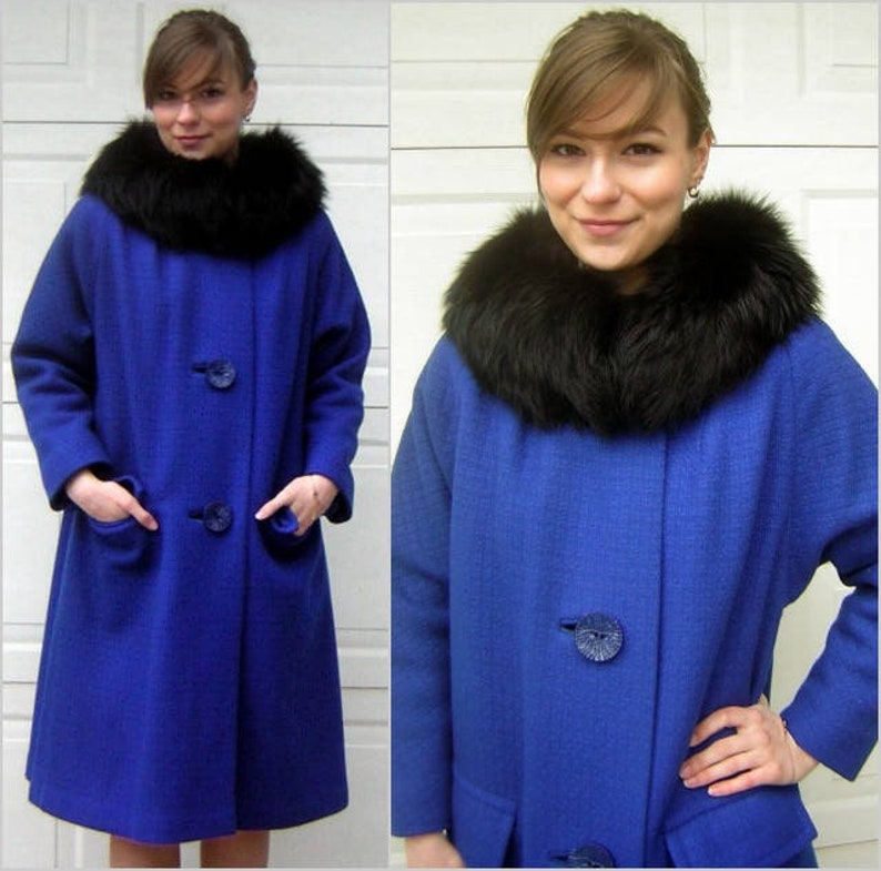 Vintage Black FOX Fur Royal Blue Coat Fabulous Color Chic Style 1960s Posh M to L by JILL JR. image 1