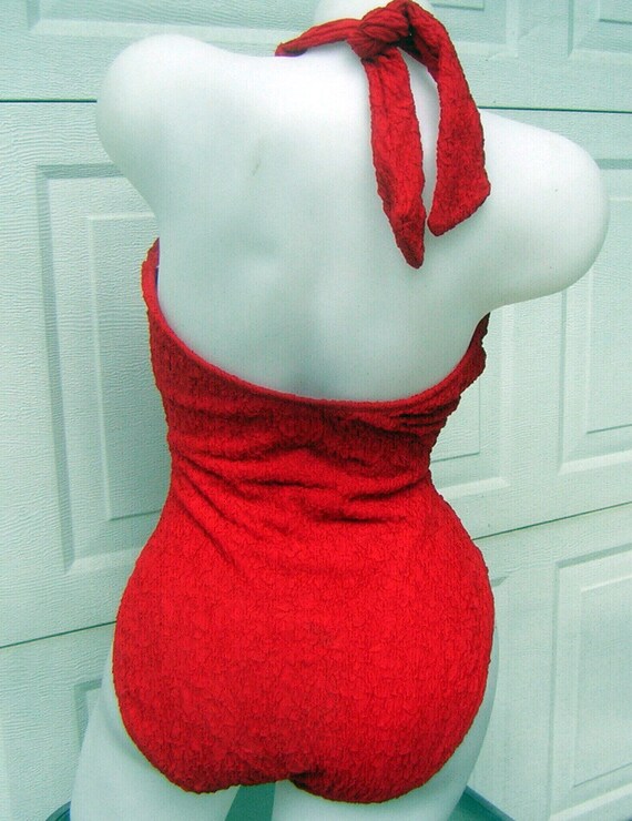 Vintage SwimSuit Bathing Suit SEXY RED Halter Bom… - image 3