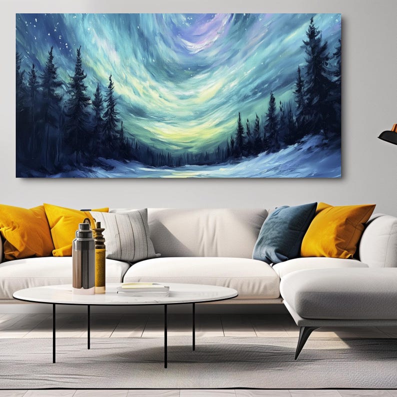 Northern Lights Oil Painting Aurora Borealis Canvas Art Winter Home