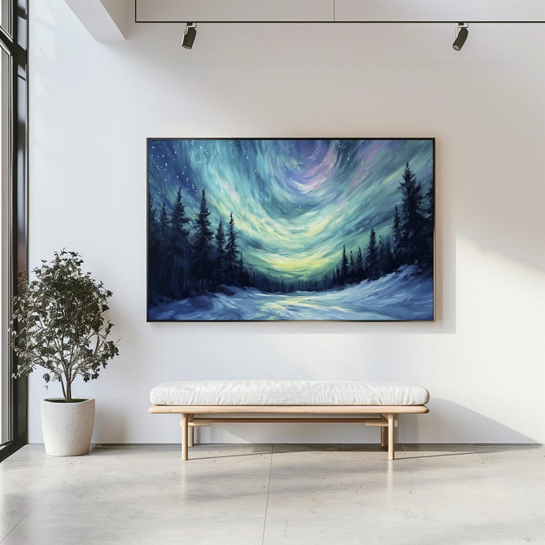 Northern Lights Oil Painting Aurora Borealis Canvas Art Winter Home