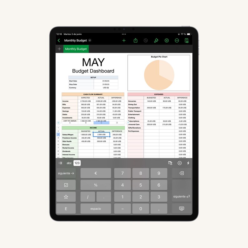 Apple Numbers Budget Template in English for Mac, iPad and Iphone