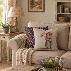 Whimsical Field Mouse Cushion Cover - 6 Watercolor Designs - Purple Floral Cottagecore Woodland Decor