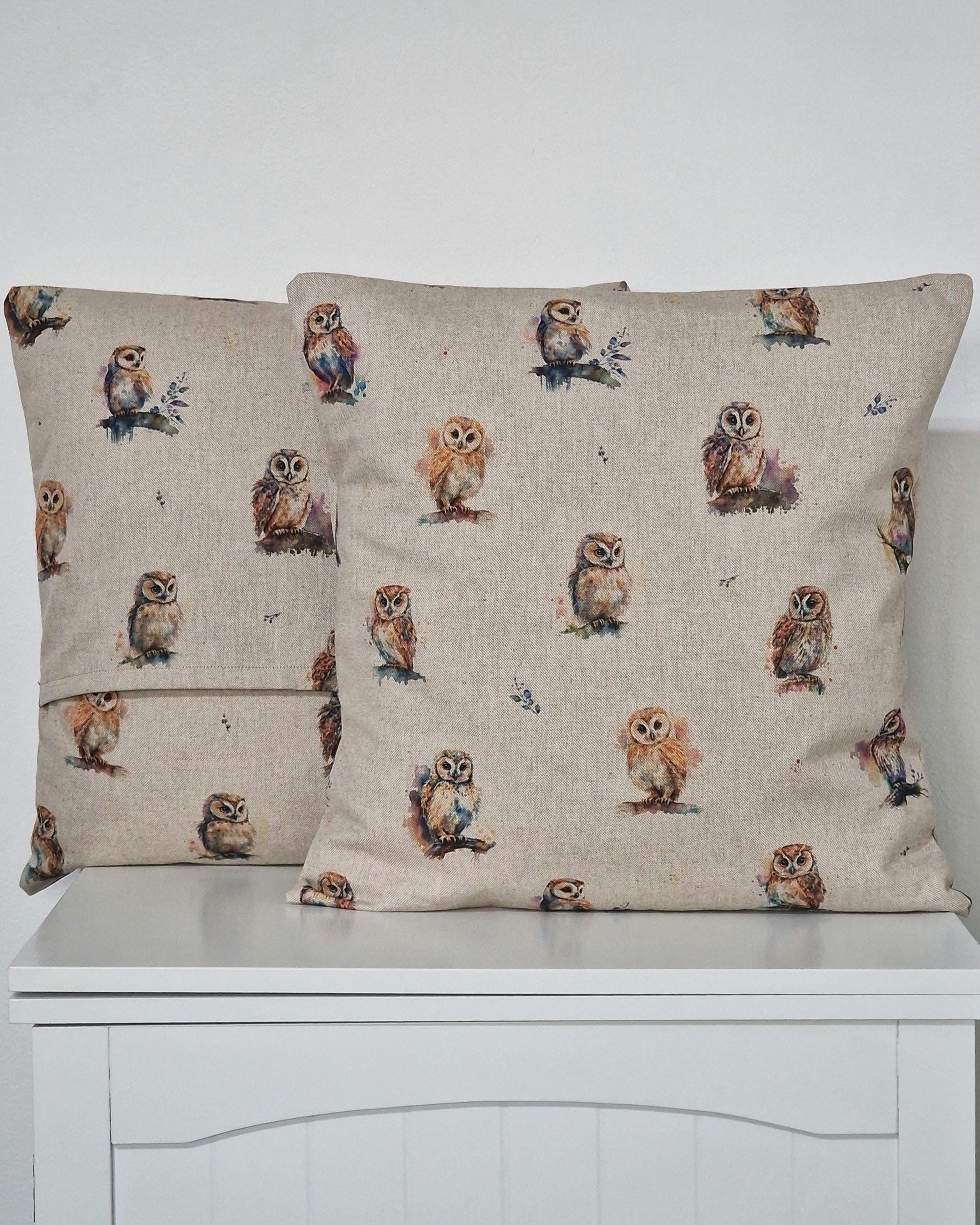 Watercolor Owl Linen Cushion Cover - Various Sizes Available Woodland Animal Country Accent Cushion