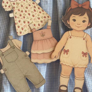Pode incluir: Uma boneca de papel com um la&ccedil;o castanho e um macac&atilde;o creme com la&ccedil;os vermelhos. Existem tr&ecirc;s roupas de papel: um vestido com estampa de morango, um vestido rosa e um macac&atilde;o cinza.
