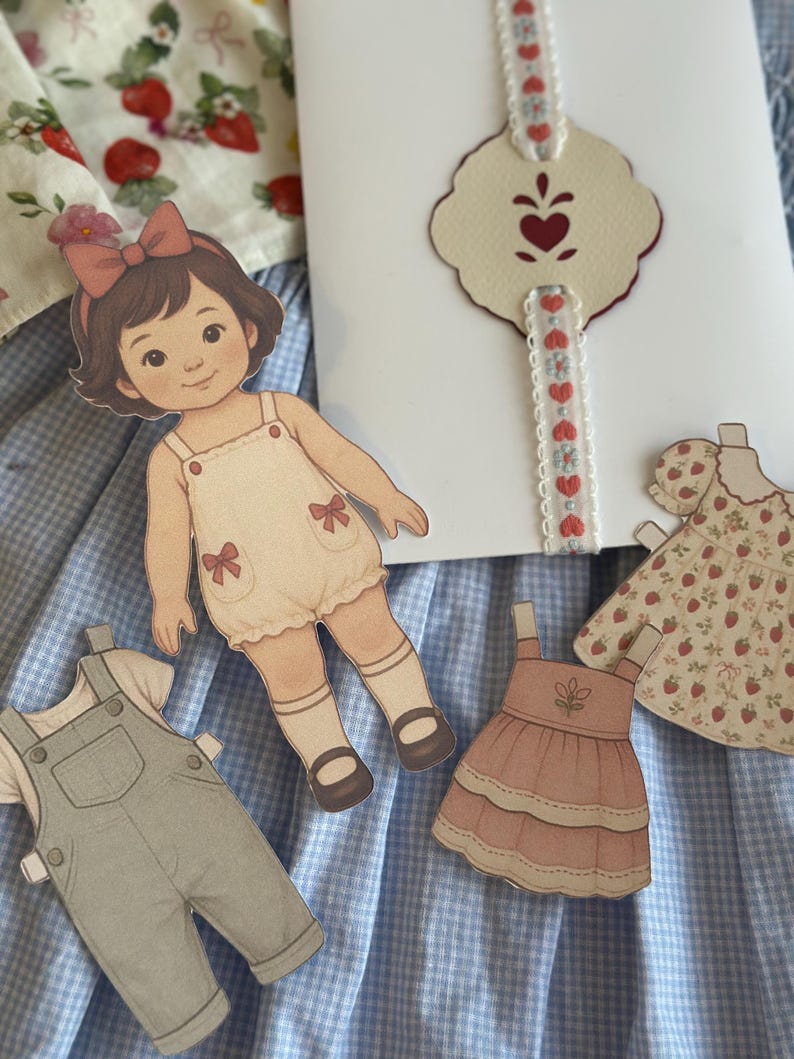 Pode incluir: Uma boneca de papel com um corte de cabelo castanho e um la&ccedil;o rosa, vestindo um macac&atilde;o creme com la&ccedil;os vermelhos. Roupas de papel adicionais incluem macac&otilde;es e vestidos. Um cart&atilde;o branco com um design em forma de cora&ccedil;&atilde;o e uma fita com detalhes de cora&ccedil;&atilde;o tamb&eacute;m est&aacute; presente.