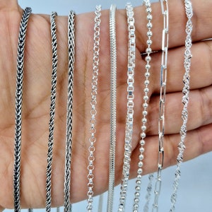Collana unisex a catena in argento sterling 925, perlina, scatola, serpente, spiga di grano, coda di volpe, graffette, catena Rolo, gioielli per pendenti perfetti