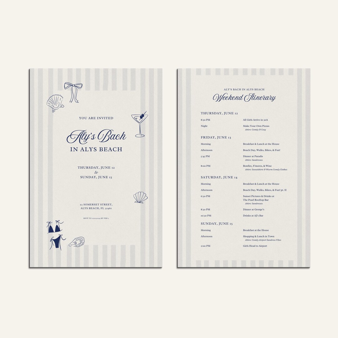 Beach Bachelorette Invitation & Itinerary | Coastal Canva Template (4x6 ...