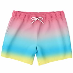 Könnte beinhalten: Rosa, blaue und gelbe Ombre-Badehose mit weißem Kordelzug.