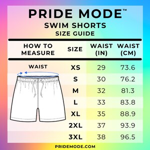 May include: Size chart for swim shorts with measurements in inches and centimeters. The chart shows sizes XS through 3XL with corresponding waist measurements in inches and centimeters.