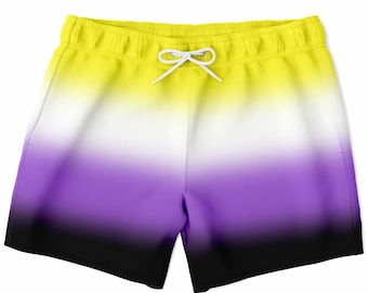 Non-binary Pride Ombre Swim Shorts with Pockets | Subtle Enby Pride Gradient Beachwear | Inclusive Gender-Neutral PRIDE MODE Swimwear