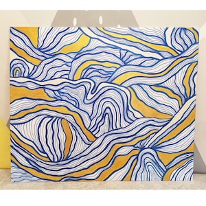 Abstract Ocean Wave Painting: Blue and Gold Beach Wall Art