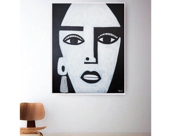 Original Abstract Cubist Face Painting: Black and White Minimalist Art