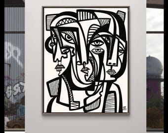 Original Abstract Acrylic Cubist Faces Painting on Canvas: Figurative Silhouette Wall Art