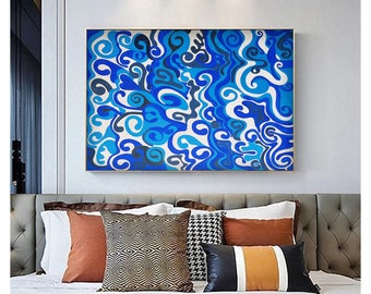 Original Blue Abstract Acrylic Painting On Canvas - 100x80cm