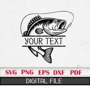 May include: Black and white graphic of a fish with an open mouth, a fishing hook, and the text "YOUR TEXT" in a horizontal rectangle. Below the rectangle are the words "SVG PNG EPS DXF PDF DIGITAL FILE".