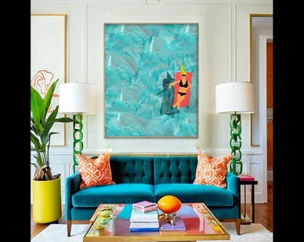 Hand-Painted Coastal Art: Swimmers on Shore, Blue Canvas Painting
