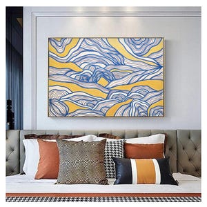 Abstract Ocean Wave Painting: Blue Gold Beach Wall Art on Canvas