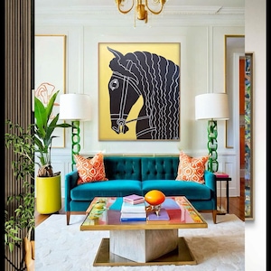 Abstract Black Horse painting on Canvas, Large Original Horse Canvas Wall Art, Modern Animal Painting for Living Room Bedroom