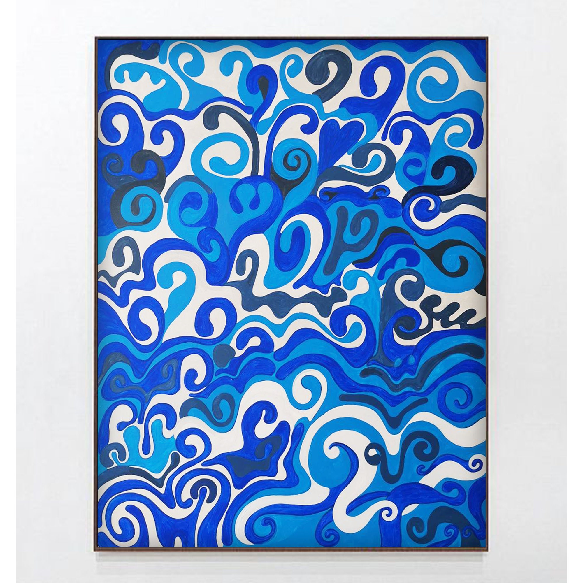 キャンバスに描かれたオリジナルの青い抽象画（アクリル画） - 100 x