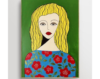 抽象的な女性の顔の絵画、花の顔のない肖像画、額入りキャンバスアート