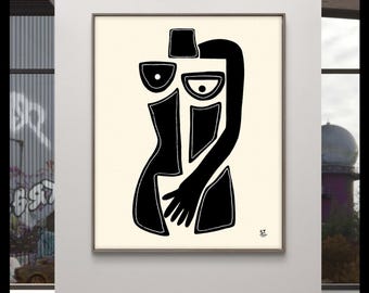 Abstract Woman Acrylic Painting, Black and White Silhouette Art