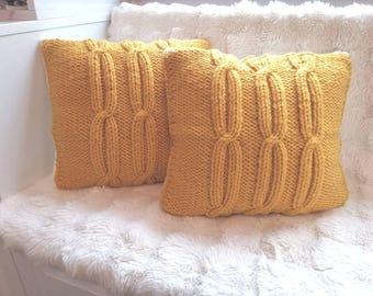 Hand Knitted Cable Pillow Cover, Mustard Wool Blend, Home Decor