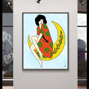 Original Acrylic Painting: Woman on Moon, Figurative Silhouette Art