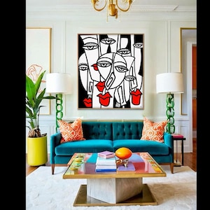 Large Abstract Cubist Face Painting: Colorful Modern Wall Art