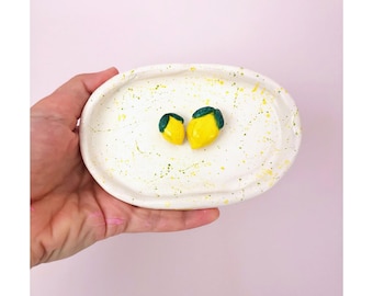 Handmade Ceramic Lemon Jewelry Dish: Small Trinket Bowl