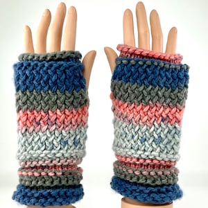 Hand Knitted Coal Blue Gray Women’s Fingerless Mittens Gloves for Driving Texting