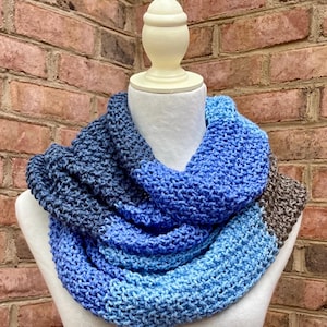 Extra Long Hand Knitted Women&#39;s Colorblock Color Block Infinity Scarf Shades of Blue and Taupe Cream Oatmeal