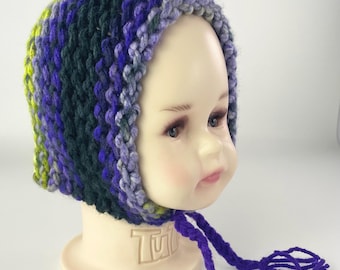 Hand Knitted Hand Made Baby Infant Bonnet Hat Colorful Green Black Purple Striped with Braided Ties Gift for Baby Shower Gift