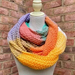 Extra Long Hand Knitted Women&#39;s Colorblock Color Block Infinity Scarf Pastel Purple Pink Green Yellow Peach Cream Tan Orange