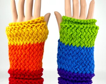 Hand Knitted Rainbow Pride Striped Women’s Fingerless Mittens Gloves for Driving Texting