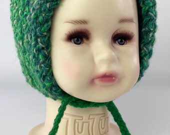 Hand Knitted Hand Made Baby Infant Bonnet Hat Colorful Green Blue with Braided Ties Gift for Baby Shower Gift