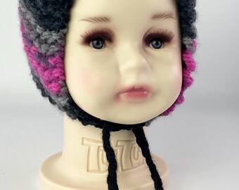 Hand Knitted Hand Made Baby Infant Bonnet Hat Colorful Fuchsia Black Gray with Braided Ties Gift for Baby Shower Gift