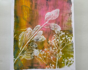 Japanese Pittosporum and Baby's Breath Pink, Green, Yellow - Original Art, Monoprint, 8.5x11 inch, Botanical Print