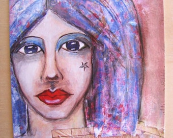 May include: A painting of a woman with blue and pink hair. Her eyes are blue and she has a star-shaped mark on her cheek. The background is a light pink with a brown texture.