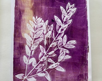 Eucalyptus Purple Gold  - Original Art, Monoprint, 8.5x11 inch, Botanical Print