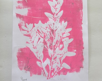 Eucalyptus Bright Pink  - Original Art, Monoprint, 8.5x11 inch, Botanical Print