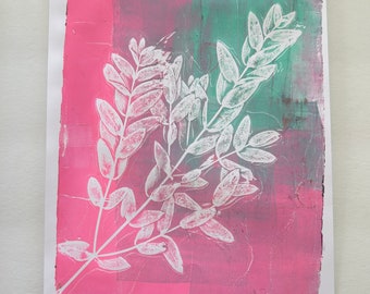 Eucalyptus Pink Mint  - Original Art, Monoprint, 8.5x11 inch, Botanical Print