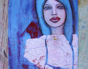 May include: A painting of a woman with blue hair and a map background. The woman has a light blue background and is wearing a white shirt. The map is a faded white with red and yellow markings.