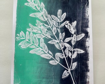 Eucalyptus Mint Indigo - Original Art, Monoprint, 8.5x11 inch, Botanical Print