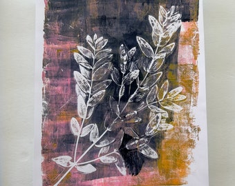 Eucalyptus Indigo Pink Yellow  - Original Art, Monoprint, 8.5x11 inch, Botanical Print