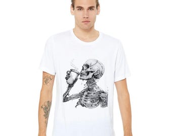 Coffee Skeleton Skull Premium Unisex Crewneck T-shirt | Bella + Canvas 3001  White