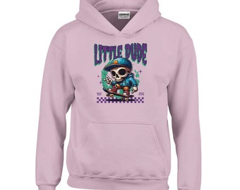 Little Dude Skeleton Skateboard Toddler Staple T-Shirt | Bella + Canvas 3001T - Classic Kids Pullover Hoodie | Gildan 18500B