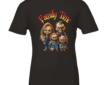 Premium uniseks T-shirt met ronde hals, geïnspireerd op Chucky Family Time | Bella + canvas 3001