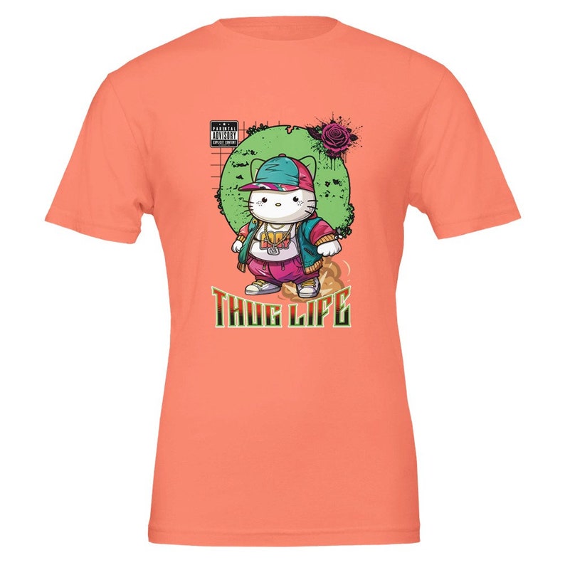 Thug Life Kitty Cat Kawaii Hello Kitty Premium uniseks T-shirt met ronde hals | Bella + canvas 3001 Coral