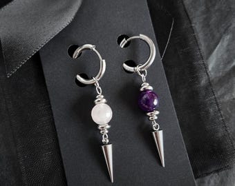 Mismatched Amethyst Rose Quartz Spike Earrings, Stainless Steel Gothic Witchy Hoops, Asymmetric Jewelry Set