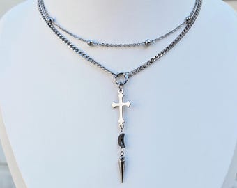 Layered Cross and Moon Choker, Silver Chain Spike Necklace, Edgy Stainless Steel Goth Jewelry